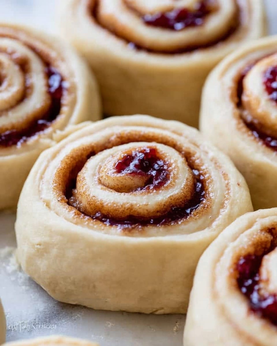 The image shows several raw, unbaked cinnamon rolls closely placed together, each with multiple spiral layers. The dough is light beige, soft, and smooth, while the spiral filling is dark reddish-brown, glossy, and slightly sticky, with bits of what looks like cinnamon or jam inside. The top surfaces are rounded and smooth, with the rolls tightly coiled. The background surface is white marbled texture. photo taken with an iphone --ar 4:5 --v 7