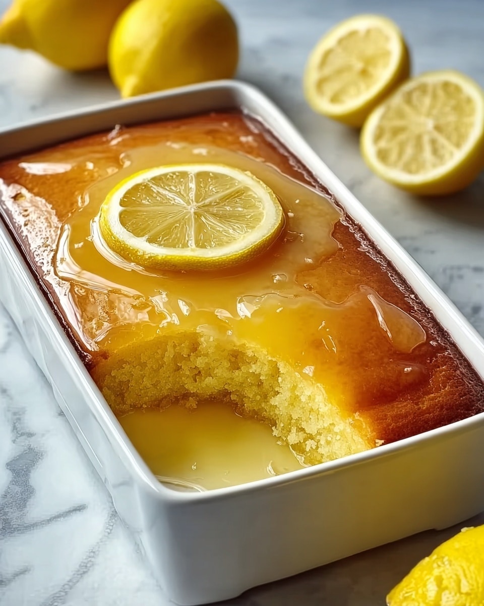 A lemon cake is shown inside a white rectangular baking dish, with a golden brown top layer covered by a shiny, translucent lemon glaze. There is a thin, circular slice of lemon placed neatly in the center on top of the glaze. A bite is missing from one corner of the cake, revealing a moist, yellow interior layer with a soft texture. The dish sits on a white marbled surface with whole and halved bright yellow lemons in the background, adding a fresh and vibrant feel. Photo taken with an iphone --ar 4:5 --v 7