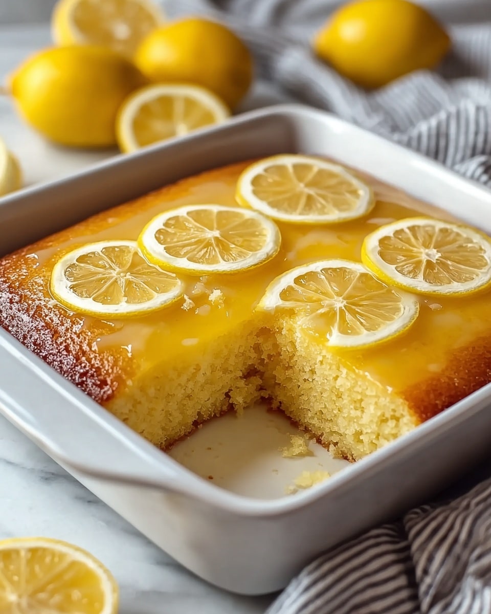 A square white baking dish holds a round lemon cake with one slice removed, revealing a thick, soft, light yellow cake base. On top, there is a glossy layer of lemon glaze in bright yellow, covering the whole surface with a shiny, slightly textured look. Four thin, translucent lemon slices with visible segments are neatly placed in a row across the glazed top edge. The dish rests on a white marbled surface with a soft focus background showing whole and halved lemons and a striped cloth. Photo taken with an iphone --ar 4:5 --v 7