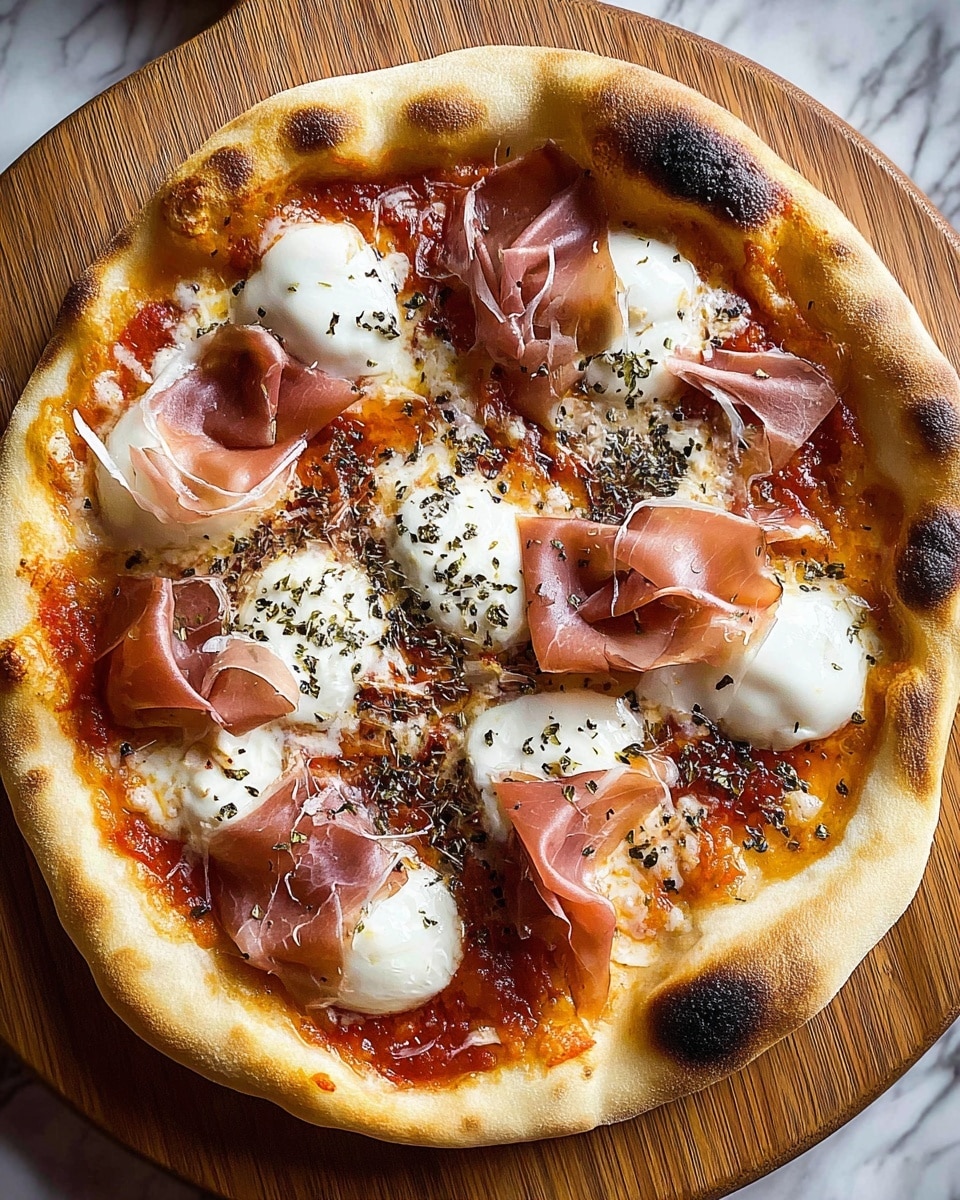 A round pizza with a slightly thick, golden crust that has some dark, toasted spots on the edges. The base layer is a bright red tomato sauce spread evenly over the dough, topped with melted white cheese that looks creamy and smooth. On top of the cheese, there are dollops of soft, white cheese, placed in a scattered pattern. Thin slices of light brown, translucent prosciutto are folded and spread across the pizza. Small dark green dried herbs are sprinkled all over the toppings. The pizza is placed on a round wooden board, all set on a white marbled surface. Photo taken with an iphone --ar 4:5 --v 7