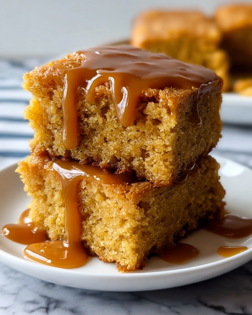 The image shows two thick square pieces of soft, golden-brown cake stacked on a white plate placed on a white marbled surface. The cake has a slightly crumbly texture with a moist inside and a shiny light caramel sauce drizzled on top and around the base of the pieces. The top piece is close up, showing the rich, smooth caramel dripping slightly on its uneven surface. photo taken with an iphone --ar 4:5 --v 7