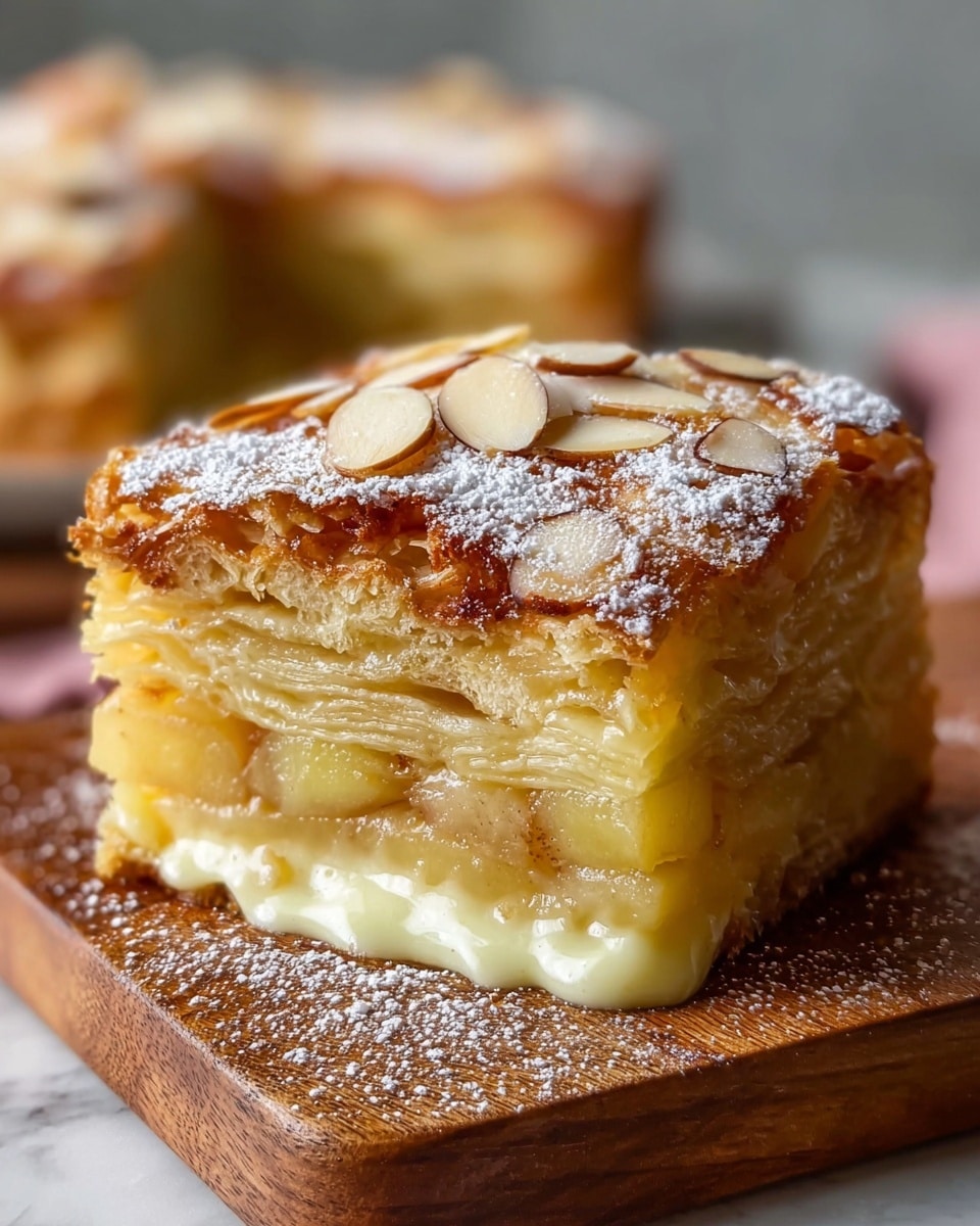 A close-up view of a square piece of layered apple cake sitting on a wooden board. The cake has many thin layers of soft yellow apples stacked inside and a golden-brown crust on top. The top is sprinkled with powdered sugar and topped with light brown sliced almonds. Rich creamy filling is slightly oozing from the bottom edge. The background shows a blurred second piece of cake on a white marbled surface. photo taken with an iphone --ar 4:5 --v 7