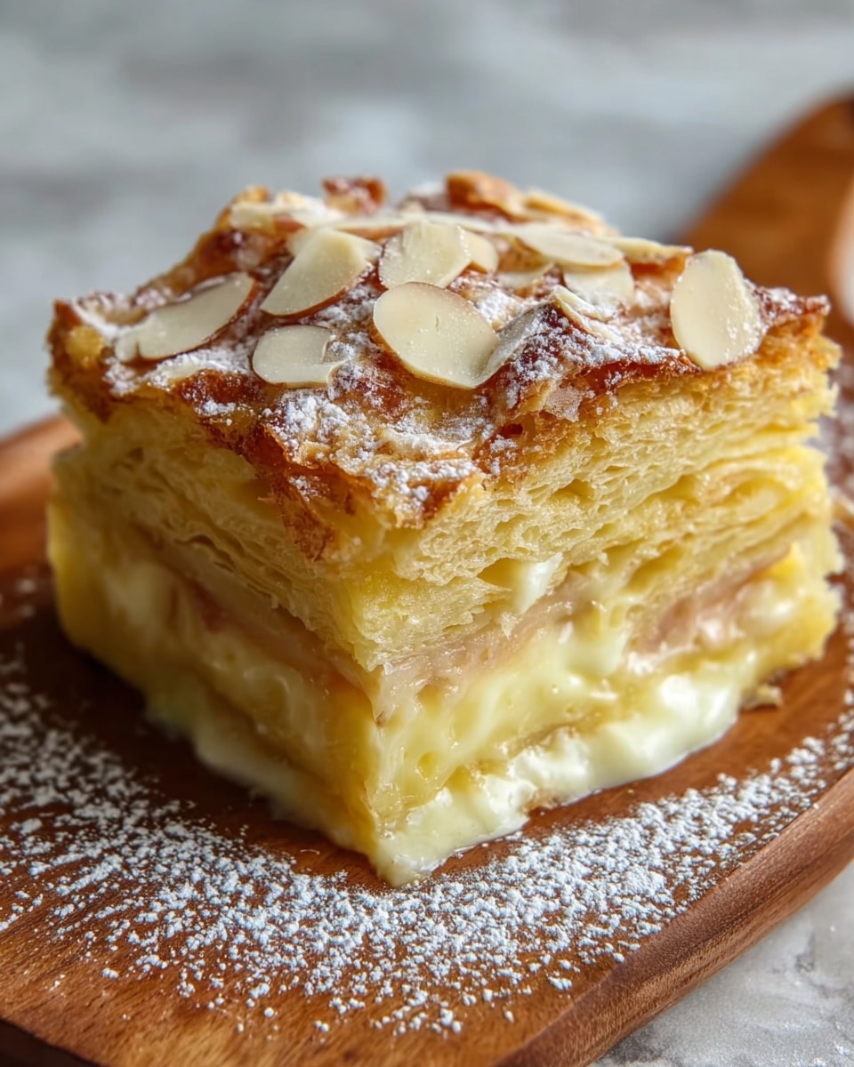 A square piece of layered custard apple cake sits on a wooden board with a white marbled texture beneath. The cake shows multiple thin, light yellow layers of soft, moist cake folded neatly with a creamy filling oozing slightly from the bottom edge. The top layer is golden brown with light browning, sprinkled generously with sliced almonds and powdered sugar that scatters lightly around the board. The texture on top looks slightly crisp with the softness of the inner layers visible through the cut side. Photo taken with an iphone --ar 4:5 --v 7
