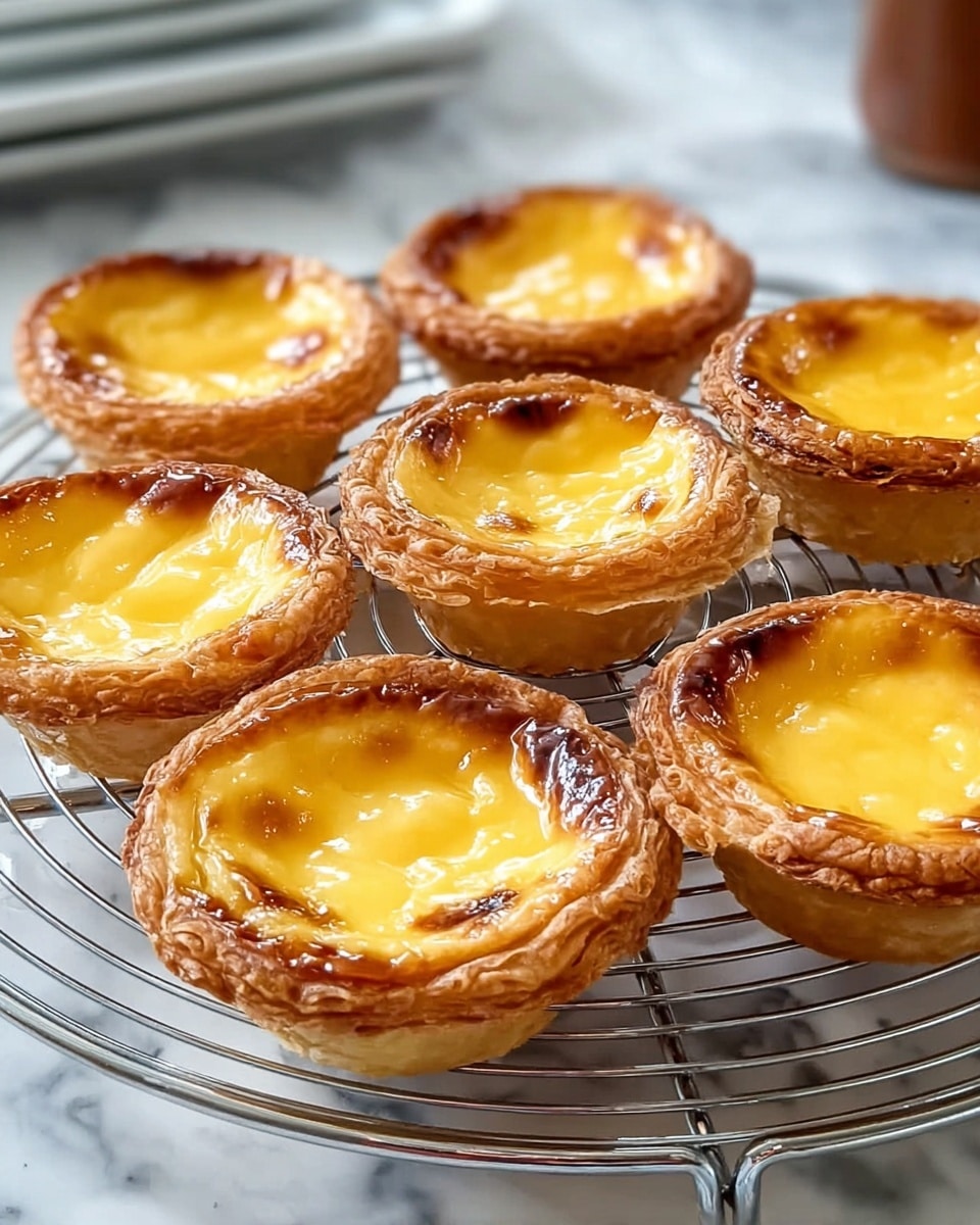 Seven golden brown Portuguese egg tarts rest on a round metal cooling rack, all showing three layers: the outer flaky, light beige pastry crust with visible crispy flakes, the middle thicker crust edge browned and slightly caramelized, and a smooth, shiny yellow egg custard filling in the center, slightly puffed with a few small browned spots on top. The cooling rack sits on a white marbled surface with a blur of kitchen background elements. photo taken with an iphone --ar 4:5 --v 7