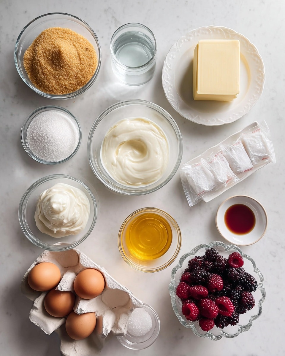 A top view of various baking ingredients neatly arranged on a white marbled surface, featuring a clear bowl of light brown sugar with a crumbly texture in the top left, a clear bowl of white granulated sugar beside it, and a block of pale yellow butter placed on a white plate to the right. Below are clear glass bowls containing creamy white yogurt and sour cream. To the right, a clear scalloped bowl holds mixed frozen berries in deep red, purple, and black hues. There are three brown eggs in a white carton with a dollop of white cream, a small white bowl with golden yellow liquid, and a tiny glass bowl with fine white salt. Additionally, there is a small clear bowl with amber liquid, a tiny plate holding several white wrapped packets, and two large clear bowls containing water. Everything is laid on a clean white marbled background. photo taken with an iphone --ar 4:5 --v 7