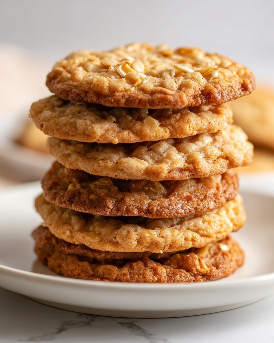A stack of six round oatmeal cookies sits on a white plate, each cookie showing a golden brown and light beige color with a slightly crispy and textured surface with visible oats and small nut pieces. The cookies have uneven, crinkled tops and firm edges, giving a freshly baked look. The background is soft and blurred with a white marbled texture surface beneath the plate. photo taken with an iphone --ar 4:5 --v 7
