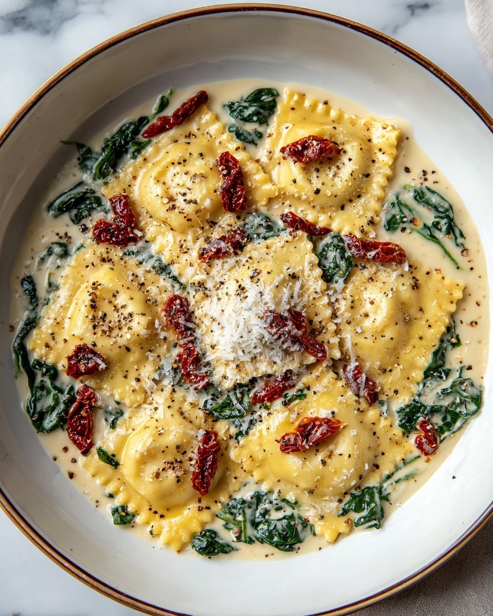 A white bowl filled with a creamy sauce at the base, mixed with dark green spinach leaves scattered throughout. On top, there are about ten square ravioli pieces with golden-yellow edges and a soft texture. Each ravioli is partly covered with small pieces of red sun-dried tomatoes. A light sprinkling of grated white cheese is in the center, along with a few cracks of black pepper spread over the entire dish. The bowl is set on a white marbled surface, and the rim of the bowl has a thin brown line around it. Photo taken with an iphone --ar 4:5 --v 7