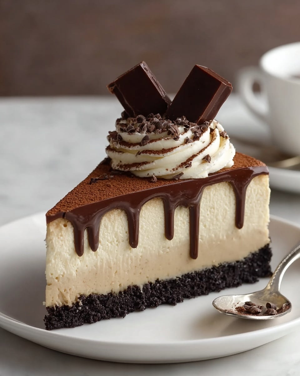 A slice of layered cheesecake sits on a white plate with a white marbled texture background. The bottom layer is a dark, crumbly chocolate crust. Above that is a thick, creamy, light beige cheesecake layer. The top layer is a smooth, thin coating of cocoa powder with some chocolate drips down the sides. On top, two square pieces of dark chocolate are stuck into a swirl of whipped cream, which is sprinkled with small chocolate shavings. Behind the plate, a spoon rests on a white saucer. Photo taken with an iphone --ar 4:5 --v 7