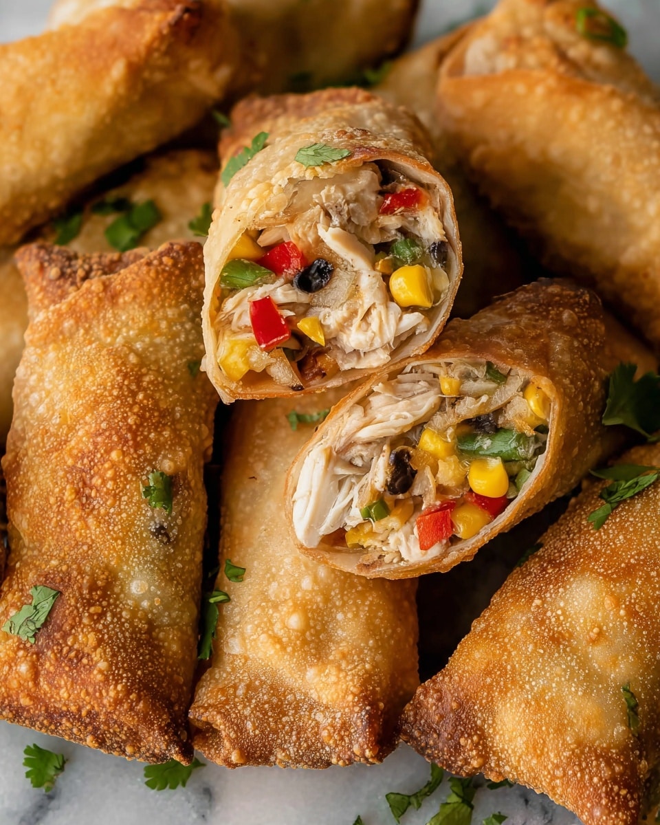 The image shows several fried egg rolls with a golden brown, crispy outer layer that looks crunchy and slightly bubbled. Two egg rolls are cut in half, revealing a colorful and textured filling inside. The filling includes shredded white chicken, bright yellow corn kernels, chopped red bell peppers, green bell pepper pieces, and some small bits of cilantro sprinkled throughout. The egg rolls are arranged on a white marbled textured surface, and small green cilantro leaves are scattered over them for garnish. photo taken with an iphone --ar 4:5 --v 7
