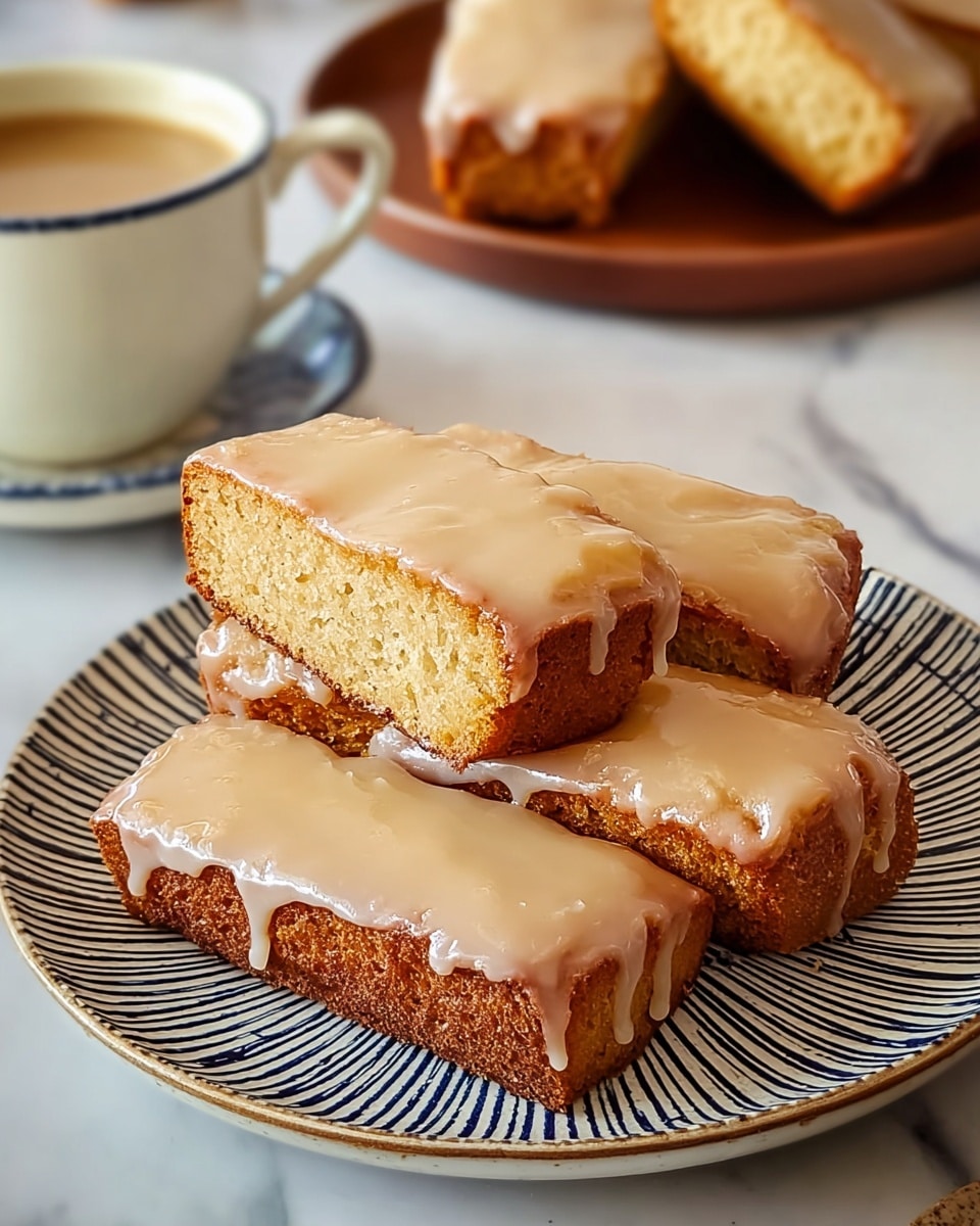 A plate with four rectangular cakes stacked in two layers, each cake a golden brown color with a shiny, smooth light tan glaze dripping slightly over the edges. The cakes look moist with a soft texture and are arranged on a white plate with dark blue crisscrossing lines. The background features a white marbled surface, with a blurred white cup and saucer holding a light-colored beverage behind the plate, and a brown plate with more glazed cakes in the distance. Photo taken with an iphone --ar 4:5 --v 7