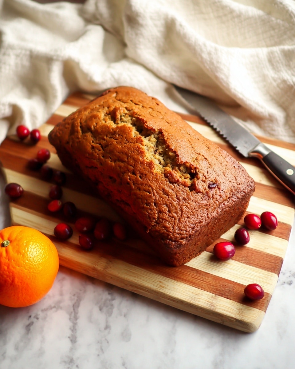 A rectangular loaf of golden-brown banana bread with a cracked top shows a textured, moist inside on a striped wooden cutting board. To the left, a whole bright orange sits near several scattered red cranberries. Behind the orange, a serrated knife rests flat on the board. The scene is set against a background of soft, folded white fabric on a white marbled surface. photo taken with an iphone --ar 4:5 --v 7