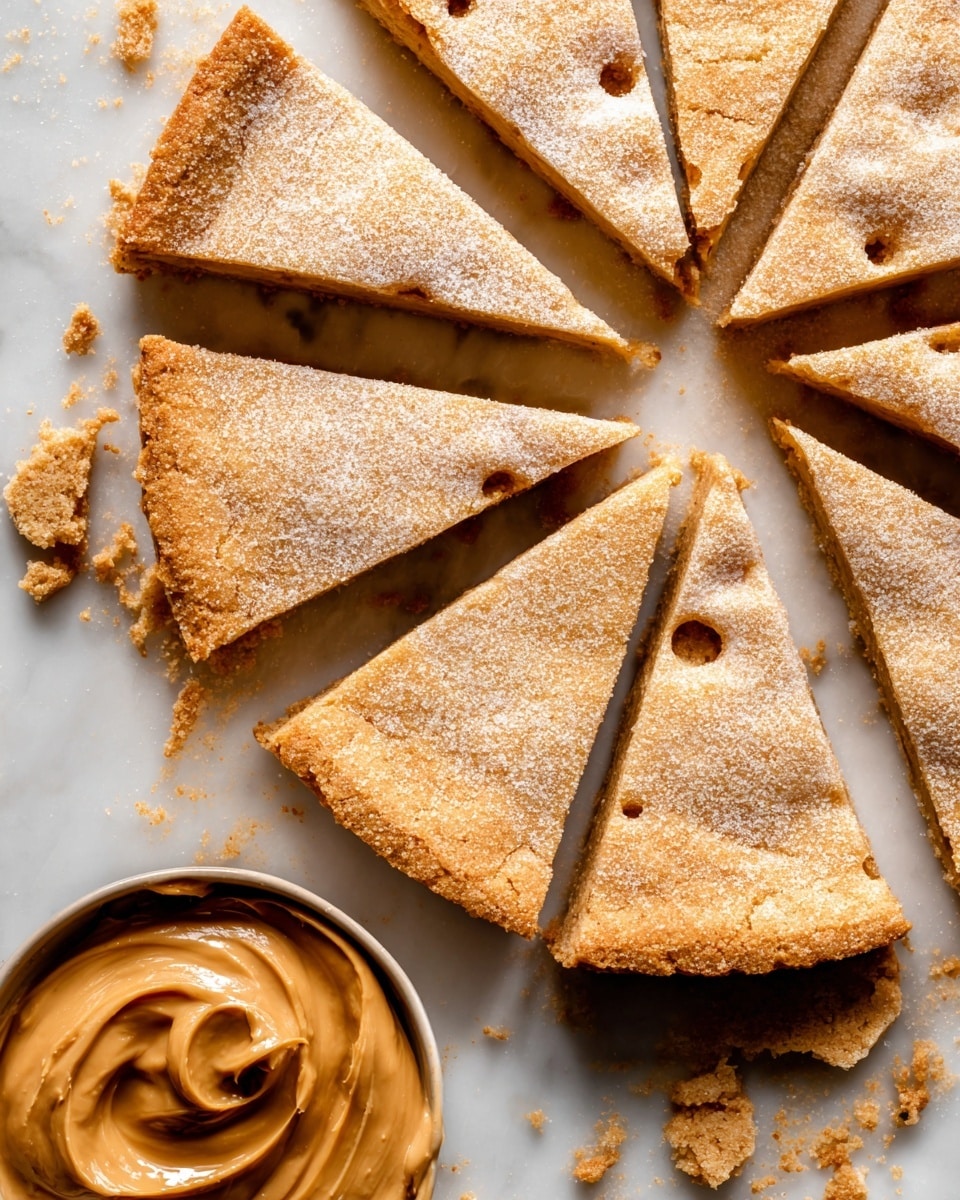 The image shows a round cookie pie sliced into eight triangular pieces, arranged in a circle on a white marbled surface with some crumbs around. The cookie pie is golden brown with a slightly sugar-coated, grainy texture on top, and small holes scattered across the surface. At the bottom left corner, there is a bowl filled with smooth, creamy peanut butter that has a rich, light brown color and soft swirls, next to the cookie slices. Photo taken with an iphone --ar 4:5 --v 7