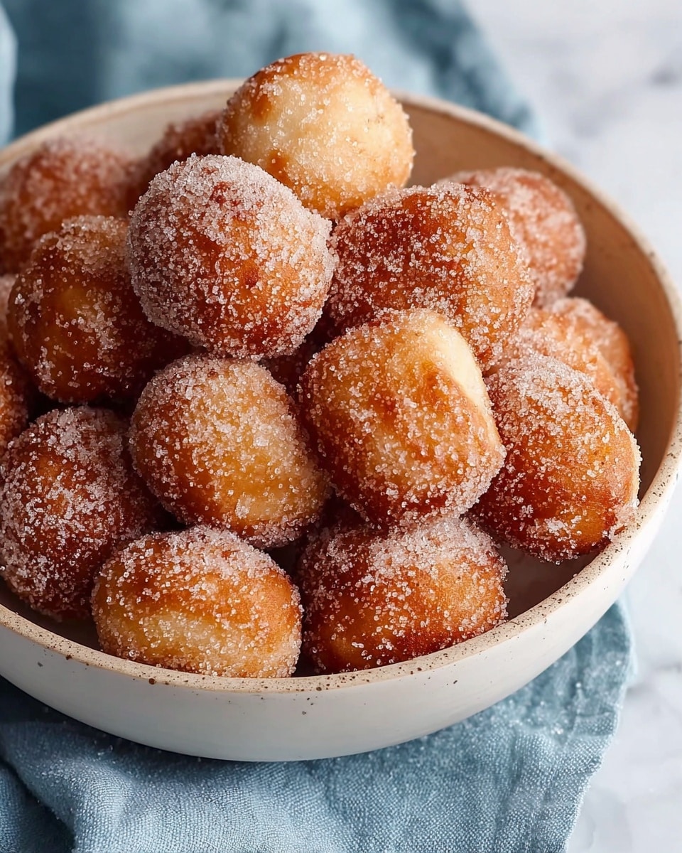 A close-up view of a white bowl filled with small, golden-brown round doughnuts covered evenly in granulated sugar. Each doughnut has a rough texture from the sugar crystals, and they are stacked on top of each other in a random pile inside the bowl. The bowl sits on a light blue cloth on a white marbled surface, enhancing the warm and cozy feel of the fried treats. Photo taken with an iphone --ar 4:5 --v 7