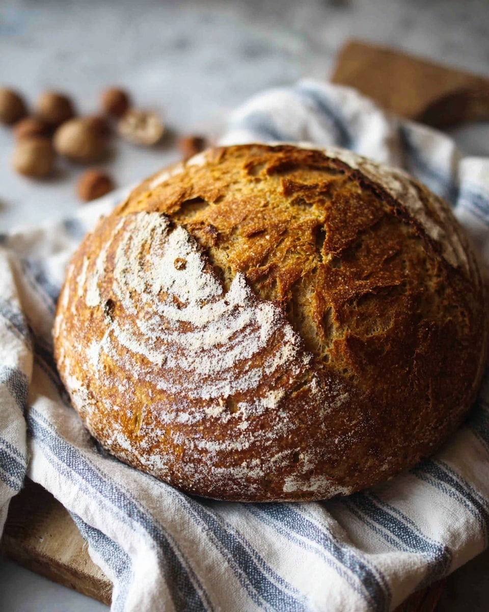 A single round loaf of bread with a golden-brown crust sits on a white cloth that has blue stripes. The bread has a textured top with circular patterns of white flour and visible cracks, showing a crispy outer shell. The loaf rests on a wooden board with some nuts scattered near the cloth behind it, all set against a white marbled surface. Photo taken with an iphone --ar 4:5 --v 7
