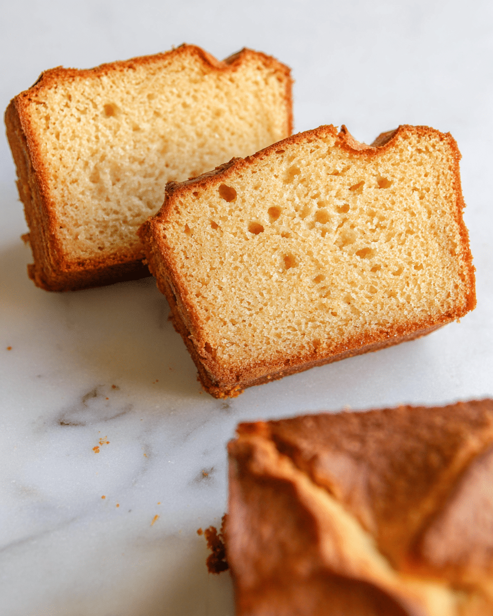 A close-up view of a golden brown baked cake in a metal square baking pan, showing one thick main layer with a slightly uneven but soft texture. On top, a lighter creamy swirl pattern spreads unevenly, creating a marbled effect with smooth and shiny areas that contrast with the firmer, more textured edges. The cake's surface looks fluffy and moist with some bubbles visible, and the edges appear slightly crisp and darker. The pan sits on a white marbled surface. Photo taken with an iphone --ar 4:5 --v 7