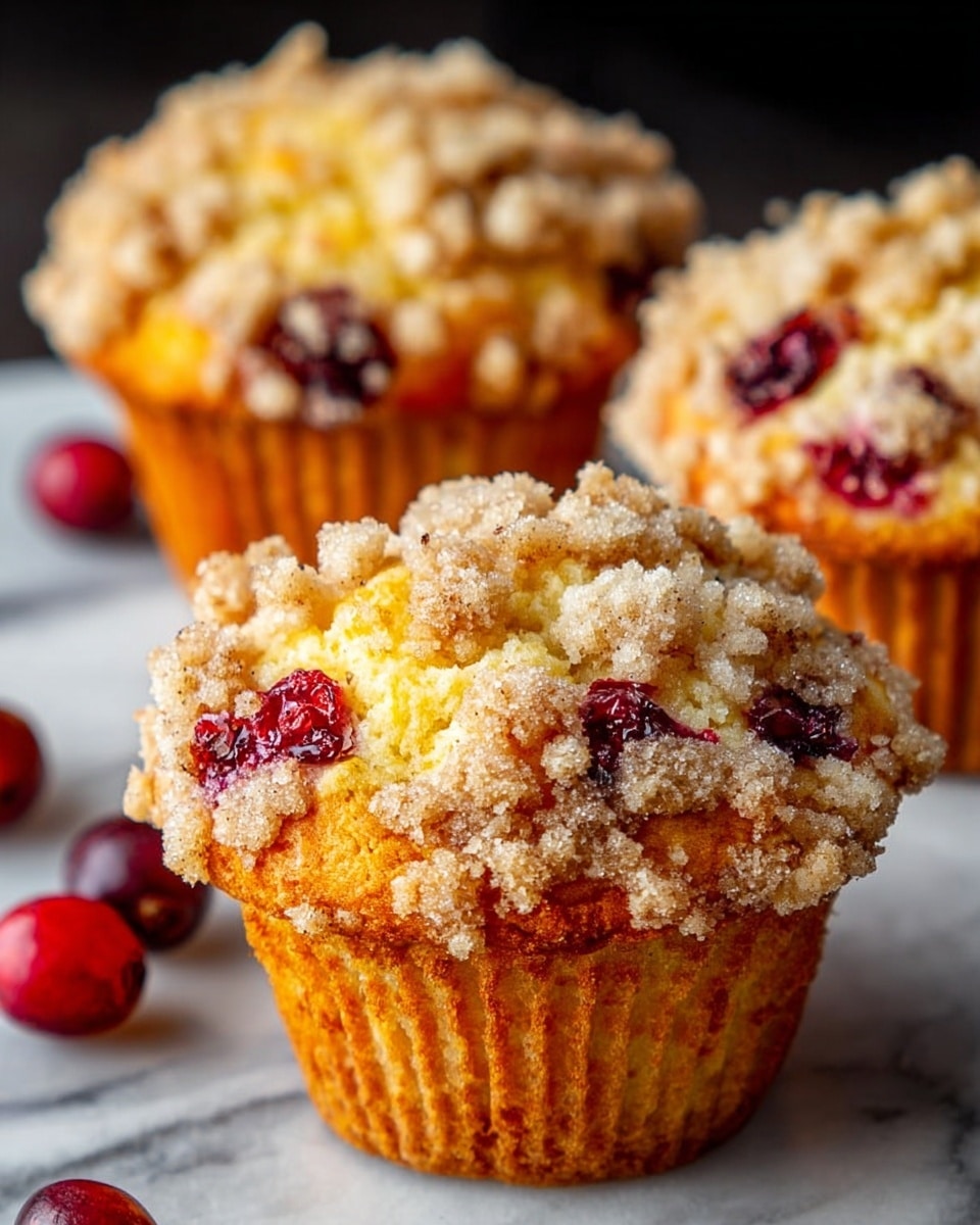 Three muffins with golden brown bases and soft, yellowish tops are shown close-up. Each muffin has a crumbly, light brown streusel topping with a rough texture sprinkled with sugar crystals. Bright red cranberry pieces are scattered throughout the muffins, adding spots of deep red color. The muffins sit on a white marbled surface, with a few loose cranberries nearby. The background is softly blurred, focusing on the muffins' details. Photo taken with an iphone --ar 4:5 --v 7