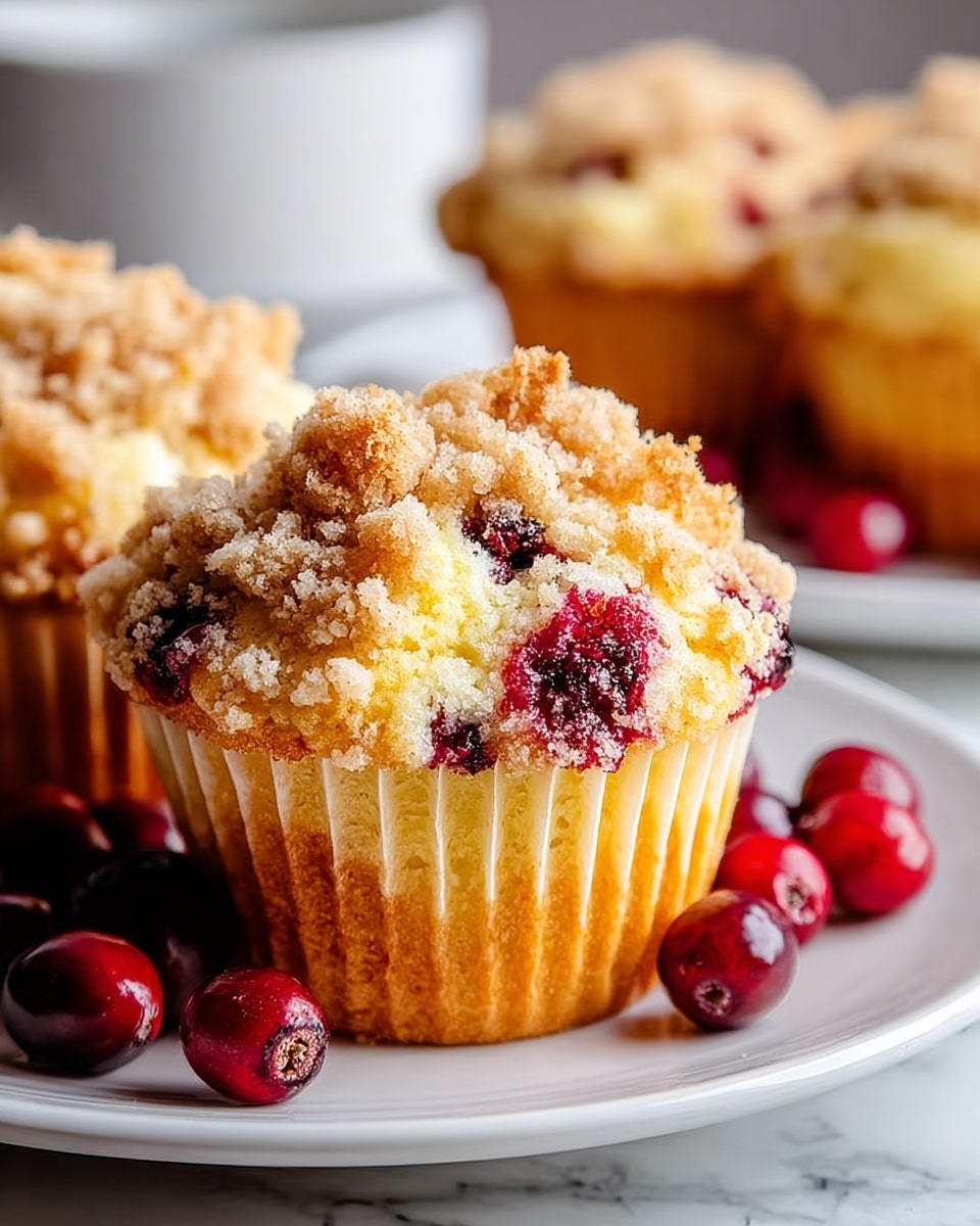 A close-up of a yellow crumb-topped muffin with visible red berry pieces baked inside and on top, showing a crumbly light brown streusel layer crowning the muffin. The muffin has a soft, moist texture with the berries adding bright red and dark purple spots throughout the crumb. It is placed on a white plate surrounded by fresh whole red berries, all set on a white marbled surface. In the background, there are more muffins slightly out of focus. photo taken with an iphone --ar 4:5 --v 7