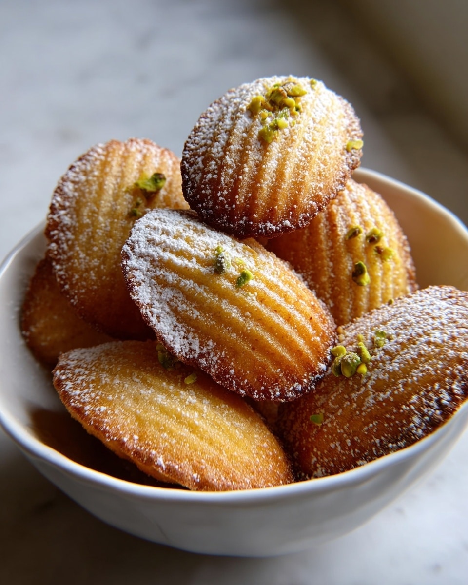 A white bowl filled with about nine golden-brown madeleine cookies stacked on top of each other, each with a ridged texture and slightly crispy edges. The cookies are dusted lightly with white powdered sugar, and tiny green pistachio bits are scattered on the cookies and around the bowl. The background shows a soft, warm window light on a white marbled surface. photo taken with an iphone --ar 4:5 --v 7