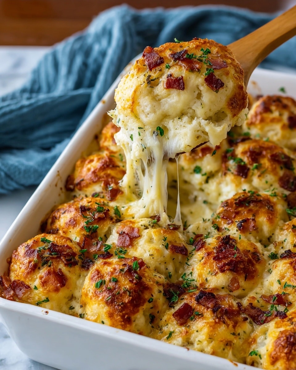 The image shows a white rectangular dish filled with multiple golden brown biscuit-like tops arranged in a single layer. Each biscuit top is perfectly round, with a crispy and slightly browned cheese crust. The biscuits appear soft and fluffy inside, oozing melted cheese that stretches as one biscuit is being lifted by a wooden spoon. There are small bits of crispy bacon and green parsley sprinkled evenly on top, adding texture and color contrast. The background surface is a white marbled texture, and a blue cloth can be seen softly blurred in the back. photo taken with an iphone --ar 4:5 --v 7