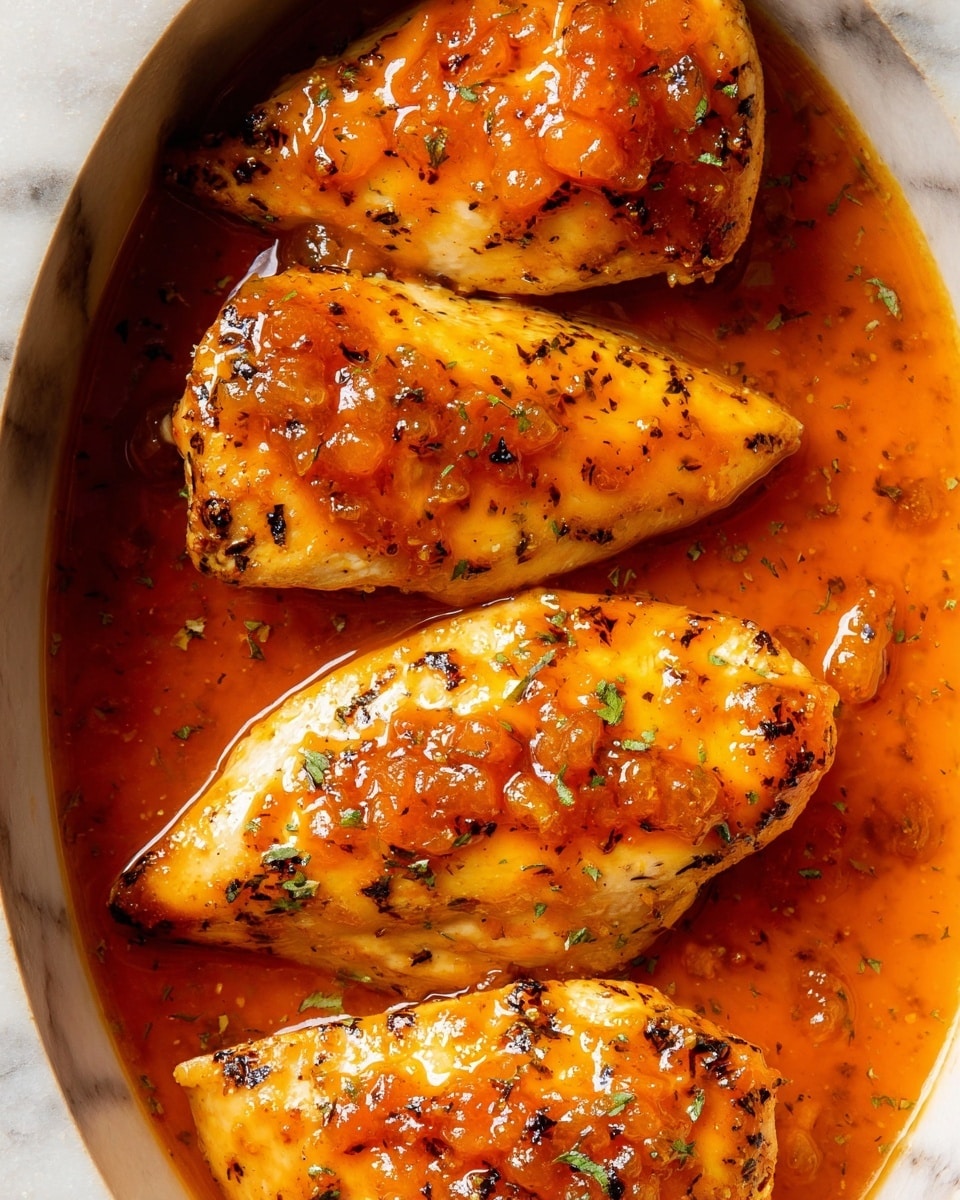 The image shows four chicken breasts cooked and covered with a shiny, thick orange glaze sauce. The chicken pieces have a light golden color with some browned spots and are sprinkled with small black herbs. The sauce looks smooth and glossy with small chunks of orange ingredients, possibly apricots or marmalade, giving a textured look on top and around the chicken. The dish is placed on a white marbled surface with the sauce pooling around the chicken, creating a rich and appetizing appearance. photo taken with an iphone --ar 4:5 --v 7