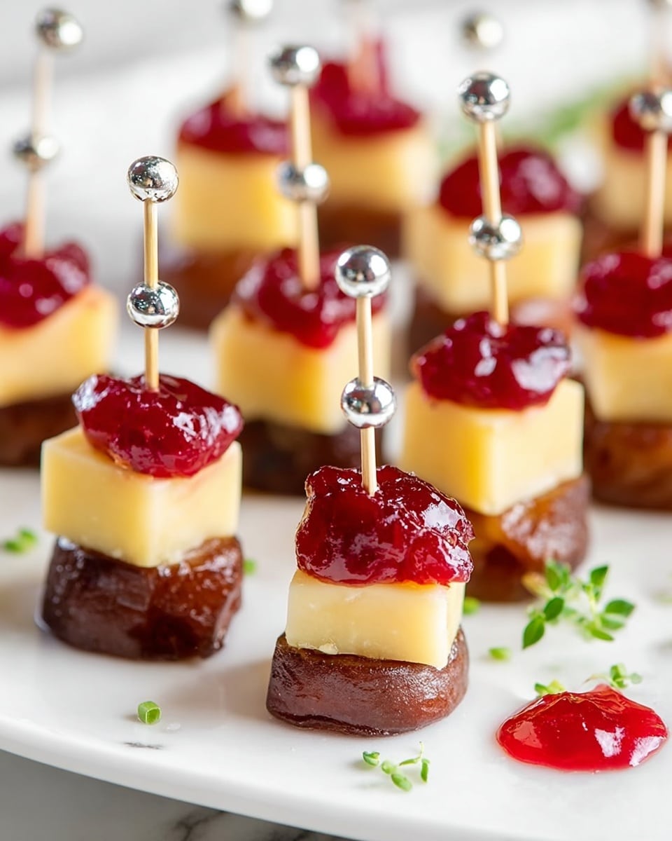 This image shows small snack bites arranged closely on a white plate set on a white marbled surface. Each bite has three layers: a shiny brown round base that looks like a date, topped with a small square piece of pale yellow cheese, and a dollop of bright red jelly or jam on top. Each snack is held together with a thin wooden skewer that has two shiny silver beads. The focus is sharp on the front snacks, with a soft background of more similar bites out of focus. A few drops of red jelly sit on the plate near the snacks, and small green herb pieces are scattered lightly around. photo taken with an iphone --ar 4:5 --v 7