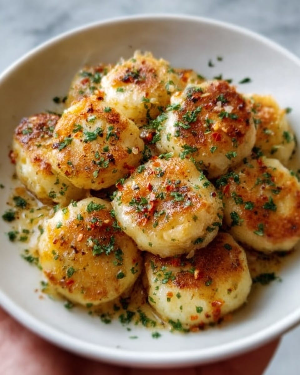 The image shows a white bowl filled with round, golden-brown dumplings that are cooked to a crispy texture on the outside. Each dumpling has a slightly uneven surface with some browning spots and is sprinkled with finely chopped green herbs and a little bit of red spice. The dumplings are stacked closely together, filling the bowl. The background is a white marbled texture, and a woman's hand is gently holding the bowl from the side. photo taken with an iphone --ar 4:5 --v 7