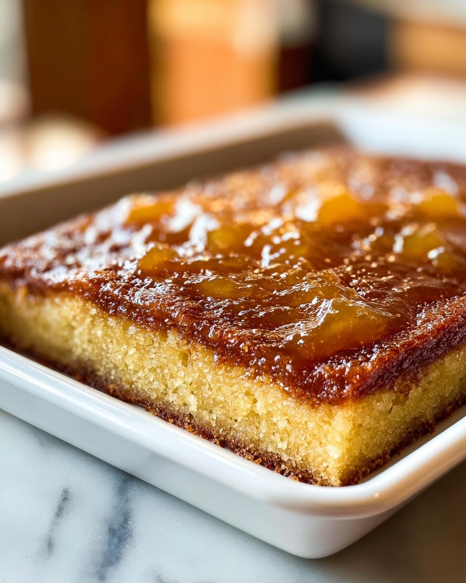 A close-up view of a square dessert in a white baking dish sitting on a white marbled surface. The dessert has two visible layers: the bottom layer is a thick, golden-brown cake with a slightly rough texture, and the top layer is a shiny, amber-colored topping with a gelatinous and slightly chunky appearance, spread unevenly over the cake. The edges of the cake are slightly darker and crispier compared to the soft center. The background is softly blurred, giving focus to the dessert, and warm lighting highlights the glossy top layer. photo taken with an iphone --ar 4:5 --v 7
