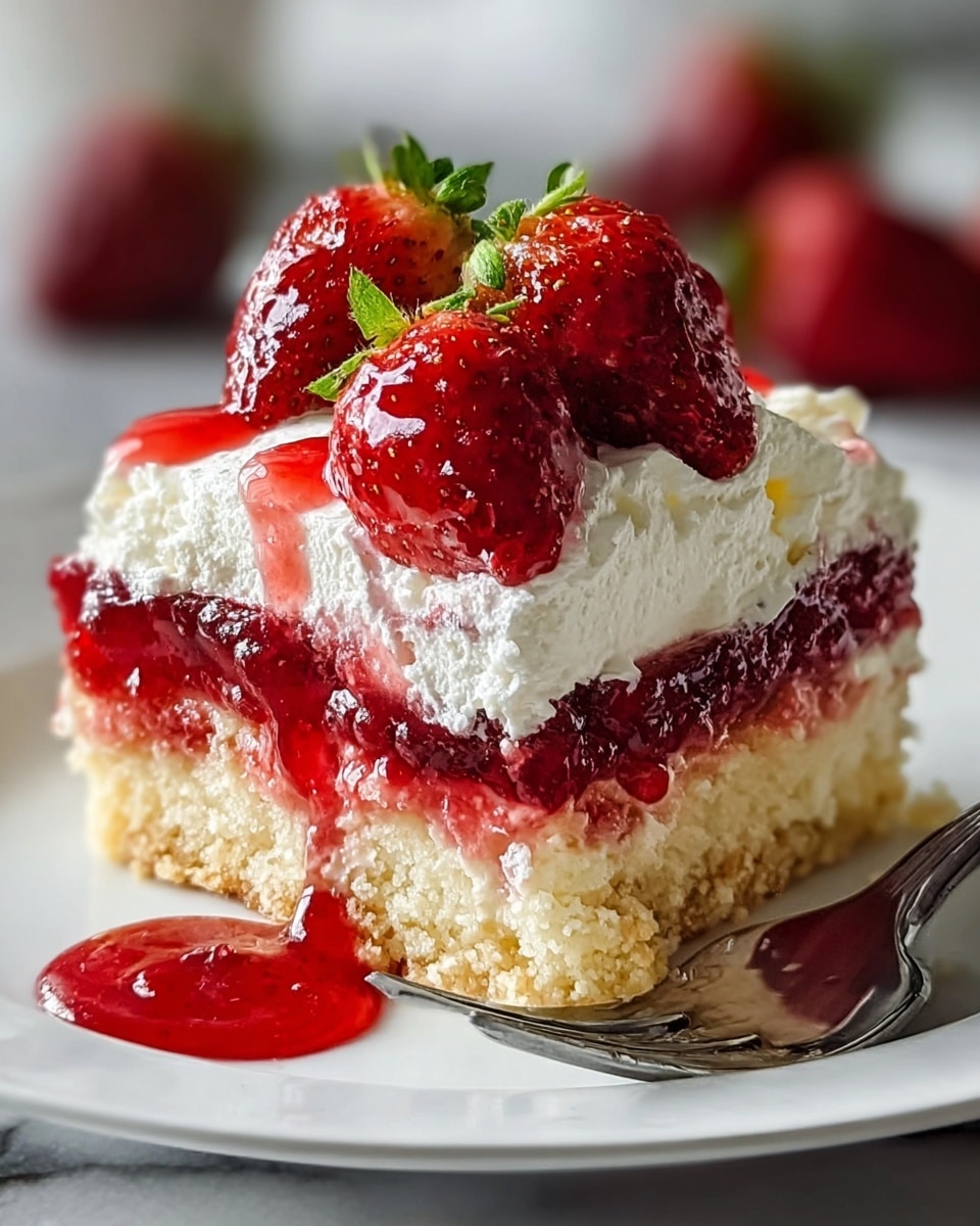 A close-up of a dessert slice with three distinct layers on a white plate, placed on a white marbled texture. The bottom layer is a crumbly, light golden crust with a slightly rough texture. The middle layer is a thick, vibrant red strawberry jam-like filling with visible chunks of fruit and a glossy finish. The top layer is a fluffy, white cream with a soft texture, crowned with three fresh, shiny red strawberries with green leaves and a few dollops of red strawberry syrup dripping slightly down the sides. A fork is placed near the slice with a small drop of red syrup on the plate. Photo taken with an iphone --ar 4:5 --v 7