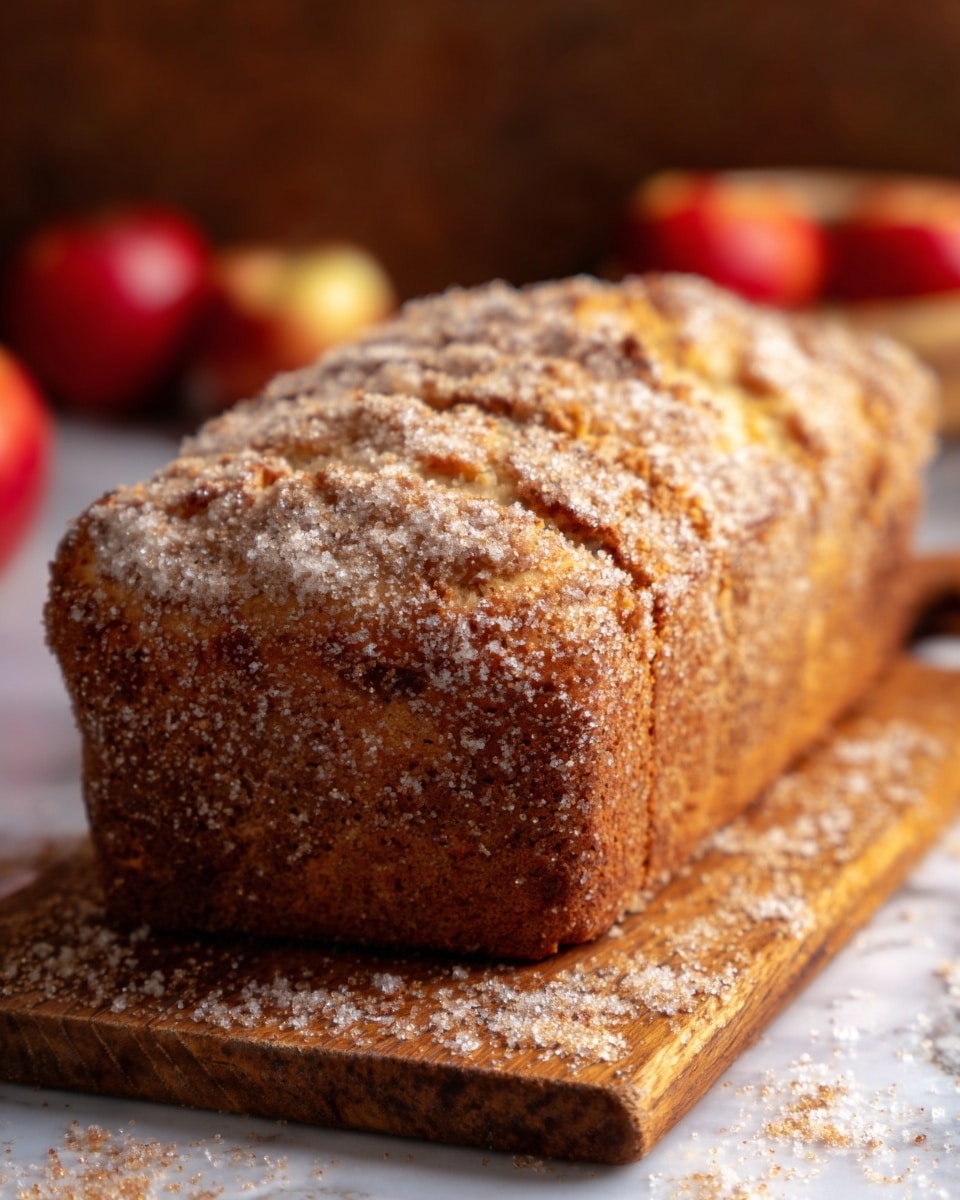 A loaf of bread sits on a wooden board, with a crust that looks golden brown and textured. The bread has sugar sprinkled heavily on top, forming a rough, sugary layer with some sugar scattered around the board. In the background, there are some apples blurred out, adding a warm, homely feel to the image. The bread looks soft inside with a slightly coarse crumb visible on the sides. The surface beneath everything is a white marbled texture. Photo taken with an iphone --ar 4:5 --v 7