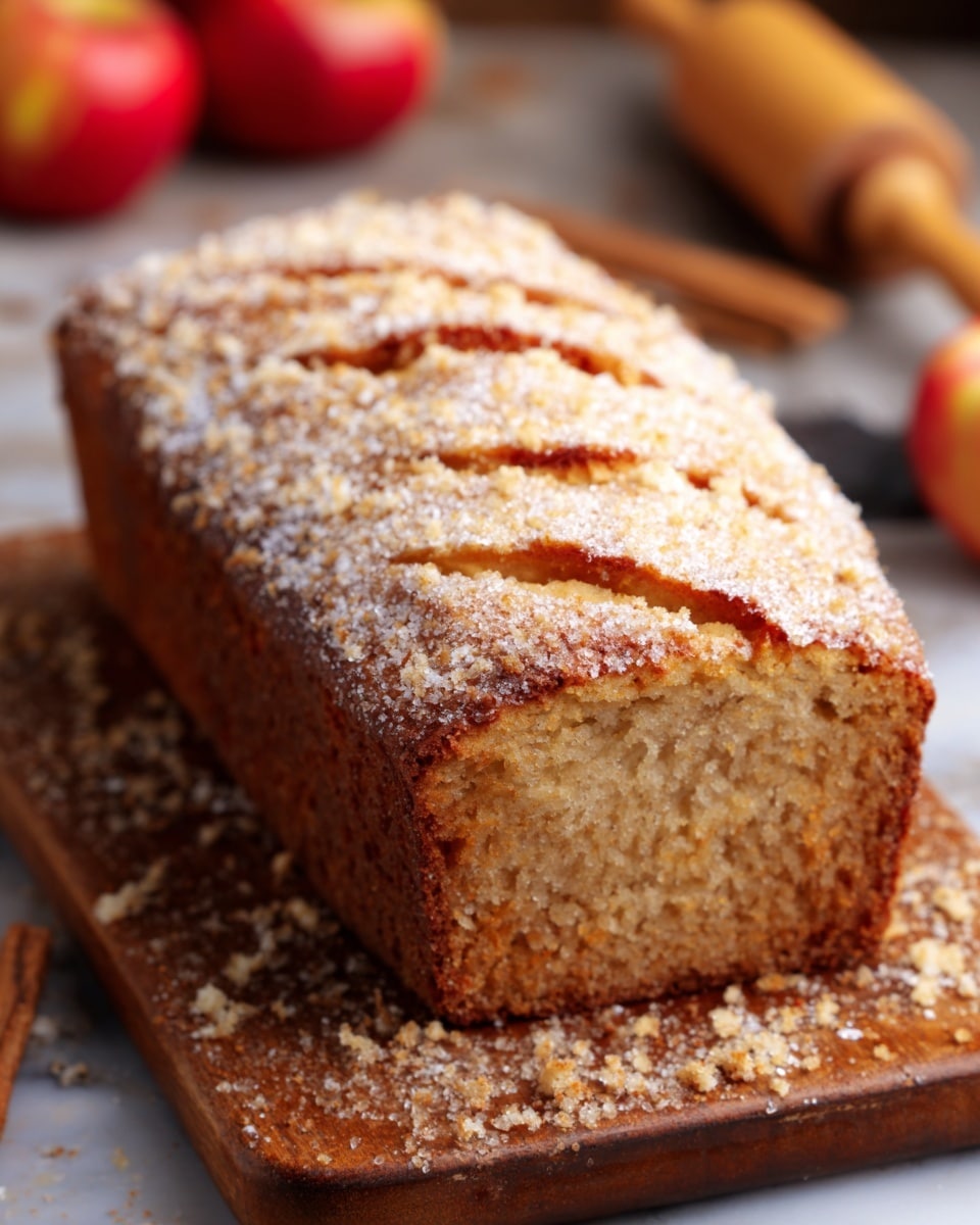 The image shows a rectangular loaf of bread with a golden-brown crust topped with a dusting of white sugar and some crumbs. The bread has several diagonal cuts on the top, revealing a slightly darker, moist inside. The loaf is placed on a brown wooden board with some sugar and crumbs scattered around it. In the blurred background, a few red apples and a wooden rolling pin can be seen on a white marbled surface. photo taken with an iphone --ar 4:5 --v 7