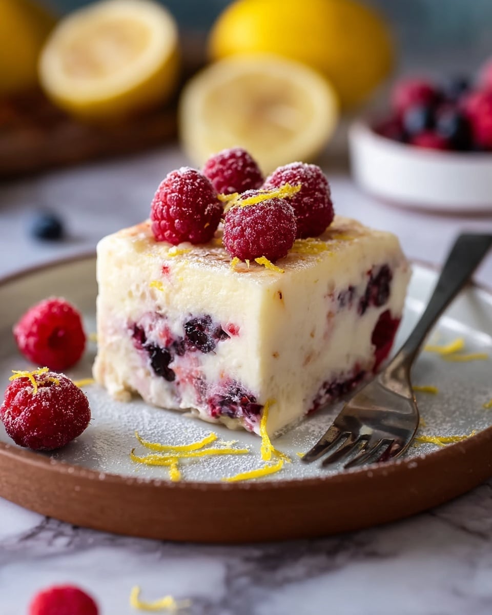 A slice of creamy dessert with two visible layers, the bottom layer is thick and white with dark red and purple berry pieces embedded inside, while the top layer is a smooth, lighter cream with several whole red raspberries placed on top. The dessert is sprinkled with thin yellow lemon zest strands and a light dusting of white powdered sugar. It is served on a round white plate with a brown rim, accompanied by a silver fork resting on the right side. Some loose raspberries and lemon zest pieces are scattered around the plate. The background has a white marbled texture and blurred lemons and berries are visible in the distance. Photo taken with an iphone --ar 4:5 --v 7