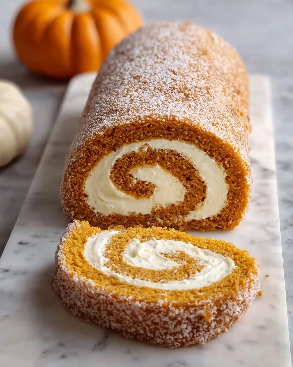 A single slice of a pumpkin roll cake sits on a white speckled plate with a silver fork beside it. The roll has two distinct layers: a thick, light brown cake layer with a coarse, crumbly texture on the outside, and a smooth, creamy white filling spiraled tightly within the cake. In the background, a small orange pumpkin and part of the remaining pumpkin roll are visible, all set on a white marbled surface. The scene is softly lit, emphasizing the contrast between the creamy filling and the darker cake. Photo taken with an iphone --ar 4:5 --v 7
