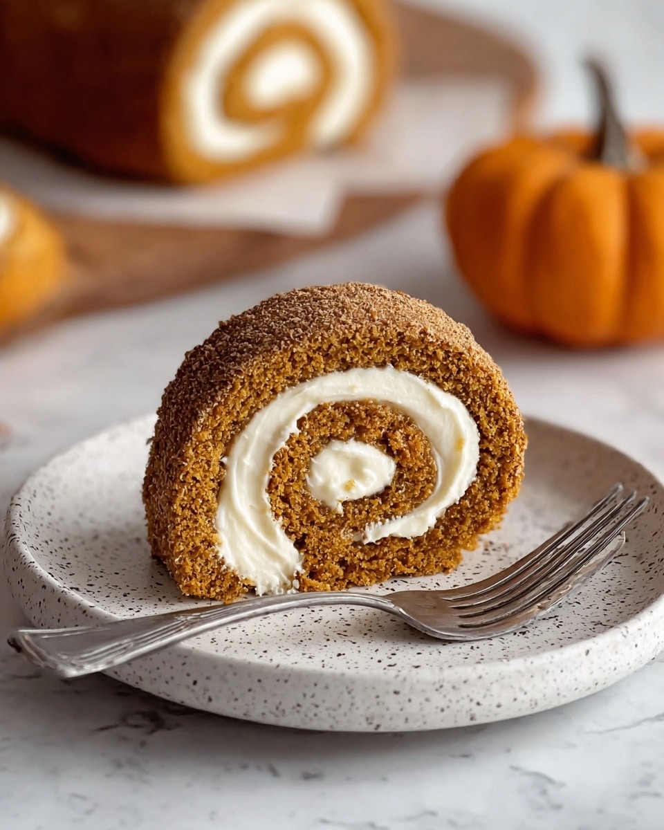 The image shows a pumpkin roll cake on a white marbled surface, with one whole roll and one thick slice placed in front of it. The cake has three visible layers: a soft, spongy, orange-brown outer layer covered lightly with powdered sugar, a thick middle layer of creamy white filling, and an inner swirl of the orange-brown cake wrapping around the filling. The texture of the cake looks moist with a slightly rough surface dotted with powdered sugar, while the filling appears smooth and creamy. A small pumpkin is slightly visible in the background, adding a seasonal touch. Photo taken with an iphone --ar 4:5 --v 7