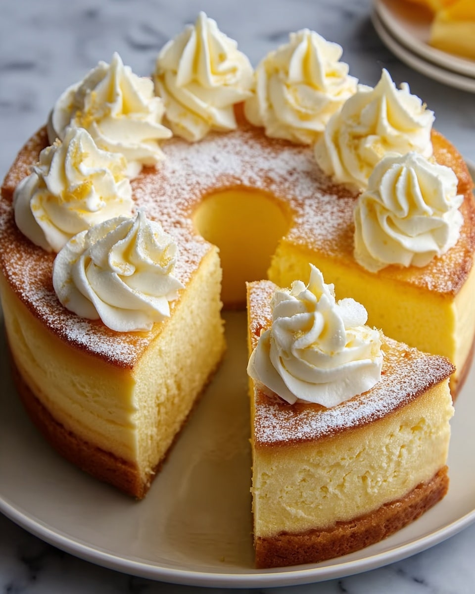 A two-layer round cheesecake with a light golden-brown crust at the bottom and creamy pale yellow cake layers above it. The top layer is dusted with white powdered sugar and decorated with eight evenly spaced swirls of smooth white cream, each with a small brown tip. One slice is cut and slightly pulled out, revealing the soft, dense texture inside. The cake sits on a white plate placed on a white marbled surface. Photo taken with an iphone --ar 4:5 --v 7