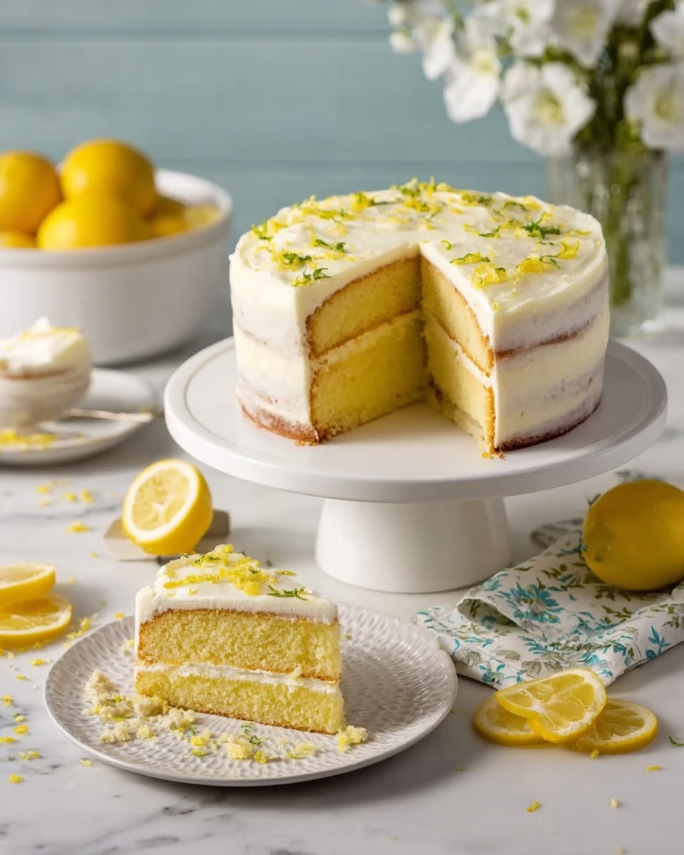 A two-layer lemon cake is shown with light yellow sponge layers and a white creamy frosting between and on top. The top layer has scattered lemon zest and small green garnish. One slice is cut out and placed on a white textured plate in front. The cake sits on a white cake stand on a white marbled surface. Around the cake are slices of lemon and crumbles of lemon zest. In the background, a white bowl holds whole yellow lemons near a vase with white flowers. Photo taken with an iphone --ar 4:5 --v 7