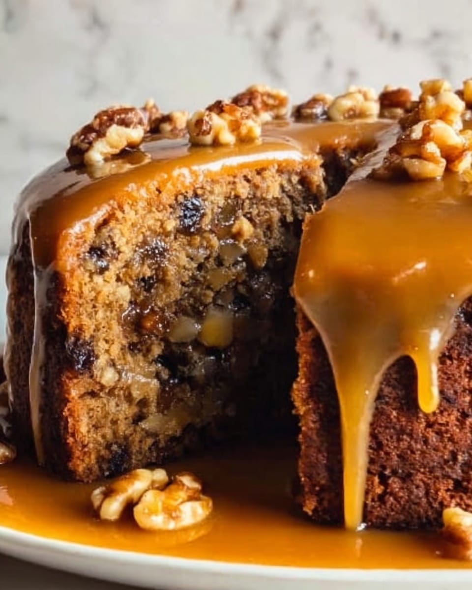 The image shows a close-up of a fruit and nut cake with a thick layer of golden caramel sauce on top, dripping down the sides. The cake has two visible layers: the moist, brown inside filled with chunks of nuts and dried fruits, and the smooth, shiny caramel layer covering the top. Half of the cake is cut open, showing the dense texture and mix of ingredients inside. A few walnut pieces are scattered on the caramel surface. The cake sits on a white plate against a white marbled background. Photo taken with an iphone --ar 4:5 --v 7