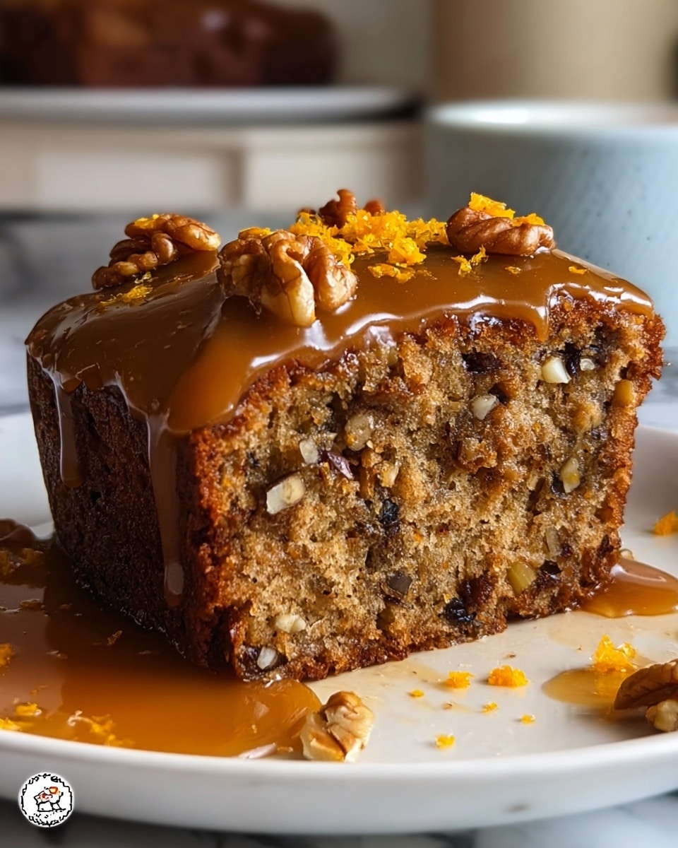 The image shows a thick slice of dense cake with visible chunks of nuts and dried fruits inside, giving it a textured, crumbly look. The top layer is covered in a shiny caramel-colored glaze that drips slightly down the sides. On top of the glaze, there are whole walnuts and small pieces of bright orange zest scattered evenly across. The cake sits on a white plate with some glaze pooled around it, and the background is a soft focus kitchen setting with a white marbled surface underneath. photo taken with an iphone --ar 4:5 --v 7