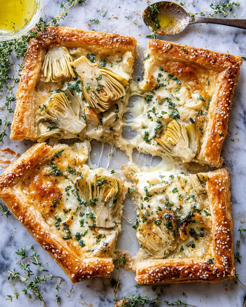 The image shows a golden brown puff pastry tart cut into four pieces, with thick, flaky edges sprinkled with sesame seeds and herbs. Inside the crust, there are two main layers: a smooth melted cheese layer that stretches slightly between the cut pieces, topped with tender, pale-green artichoke hearts scattered evenly along with bright green chopped herbs. The tart rests on a white marbled surface, and fresh herb sprigs and a spoon with honey are nearby, adding a fresh and rustic look. Photo taken with an iphone --ar 4:5 --v 7