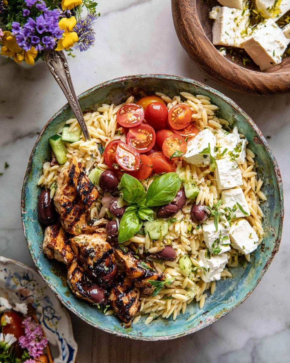 A bowl with three main layers: the bottom layer is light yellow orzo pasta mixed with dark purple olives and small green cucumber pieces, the middle layer has grilled brown chicken pieces along with bright green fresh basil leaves, and the top layer shows white cubes of feta cheese and halved shiny red cherry tomatoes with fresh green herbs sprinkled on top; a silver spoon is placed inside the bowl on the right side, all set against a white marbled texture background with a small round white bowl containing feta cheese and herbs visible in the upper left corner and a white plate with purple flowers on the right. Photo taken with an iphone --ar 4:5 --v 7
