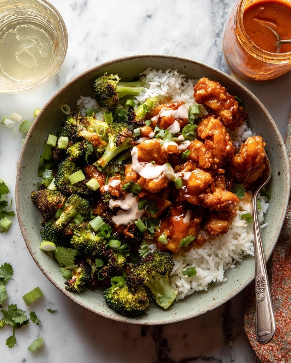 A white speckled bowl holds a layered dish starting with a base of fluffy white rice. On top of the rice are bright green roasted broccoli florets, some slightly charred, scattered evenly. Above this layer are crispy, golden-brown battered chicken pieces coated in a glossy reddish-orange sauce. The chicken is topped with small slices of fresh green onions and a few sprigs of cilantro. There is a light drizzle of white creamy sauce on a couple of chicken pieces. The bowl sits on a background with a white marbled texture, surrounded by jars and spoons with red-orange sauce and white creamy sauce. photo taken with an iphone --ar 4:5 --v 7