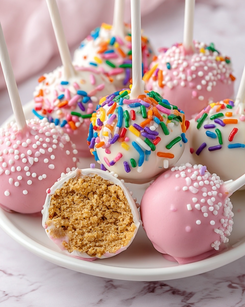 The image shows a group of cake pops on white sticks arranged on a white plate with a white marbled texture background. Each cake pop has two main shell colors: some are coated with smooth white icing decorated with colorful, small round and long sprinkles in red, blue, yellow, green, orange, pink, and purple; others are coated with soft pink icing topped with small white round sprinkles. One cake pop is bitten, revealing a dense, soft golden cake inside. The cake pops have a glossy appearance, and the white sticks extend outward in various directions. Photo taken with an iphone --ar 4:5 --v 7