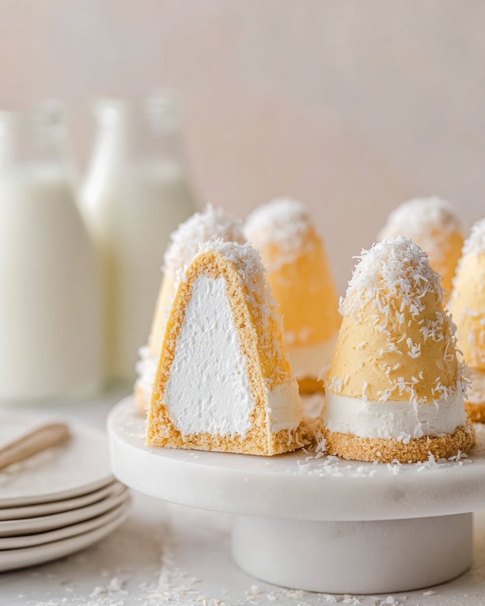 The image shows a close-up view of cone-shaped desserts arranged on a white marble cake stand. Each dessert has three layers: the outer layer is a smooth light yellow shell sprinkled with white coconut flakes, the middle layer is a thick, fluffy white cream filling, and the bottom layer is a thin, light beige cookie base. One cone dessert is cut in half, revealing the inner layers clearly, with the creamy texture inside contrasting the firm outer shell. The background is a soft, pastel tone with blurred glass bottles of milk and stacked white plates, all placed on a white marbled surface. photo taken with an iphone --ar 4:5 --v 7