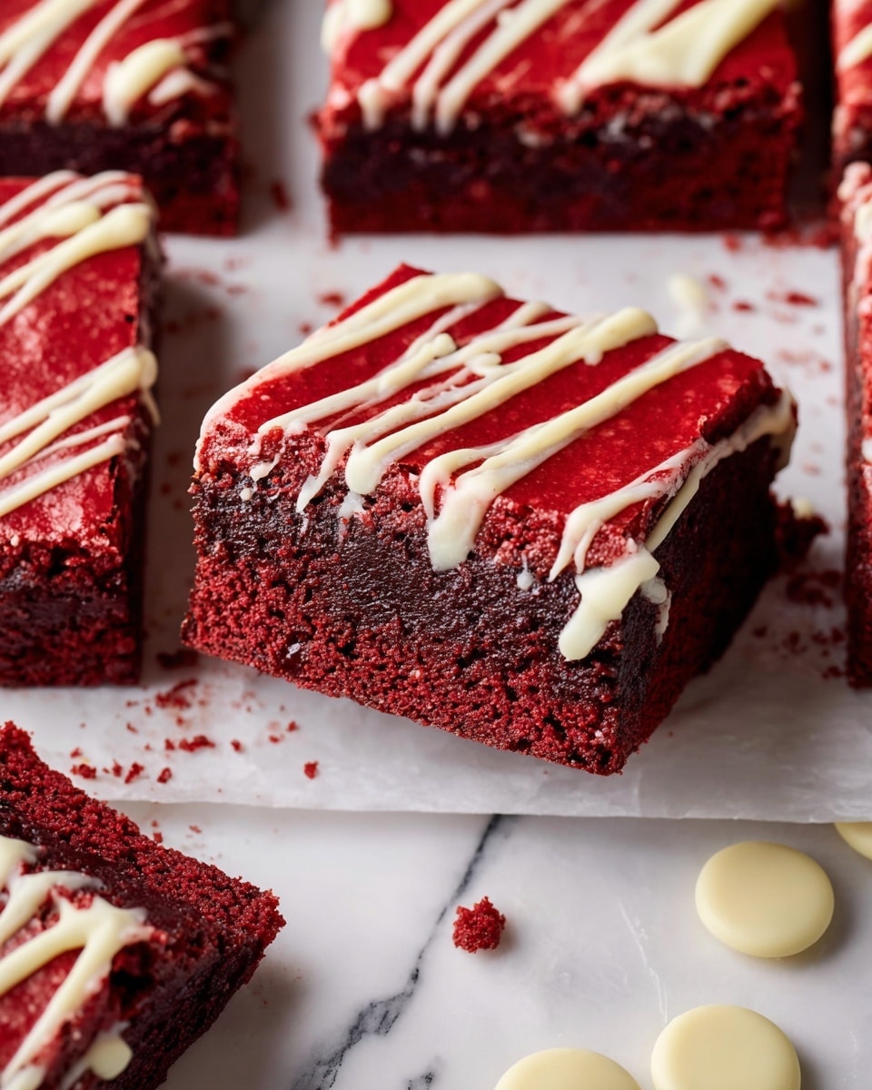 A close-up view of red velvet brownies cut into squares, each brownie has two visible layers: a thick, dense, dark red bottom layer with a moist and slightly crumbly texture, and a smooth, shiny bright red top layer. On the top of each piece, white chocolate is drizzled in thin, irregular lines and a couple of thicker streaks, adding contrast against the red. The brownies are placed on white parchment paper on a white marbled surface with a few white chocolate buttons scattered nearby. One brownie is slightly lifted, showing the rich texture and thickness of the inside. Photo taken with an iphone --ar 4:5 --v 7