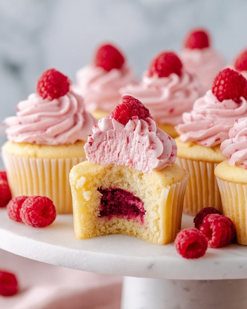 The image shows a group of yellow cupcakes with pink swirled frosting on top, each decorated with a fresh raspberry. One cupcake in the front has a bite taken out, revealing a deep red raspberry filling inside the yellow cake. The frosting is thick and creamy, with a smooth texture and specks of raspberry, forming tall, whipped peaks. The cupcakes are placed on a white marble cake stand, with some raspberries scattered around the base. The background is softly blurred, featuring a white marbled texture. photo taken with an iphone --ar 4:5 --v 7
