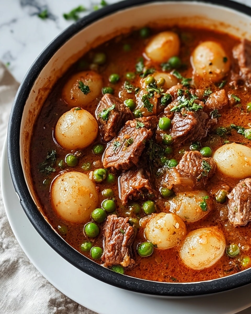 The image shows a close-up of a stew in a white pot with a black outer edge, sitting on a white plate and a light cloth. The stew has three main layers: large chunks of brown cooked beef scattered throughout; smooth, off-white pearl onions mixed visibly in the stew; and small, bright green peas spread around. These ingredients are submerged and coated in a thick, reddish-brown broth with a slightly glossy surface. Small pieces of green herbs are sprinkled on top for color contrast. The background is a white marbled texture. Photo taken with an iphone --ar 4:5 --v 7