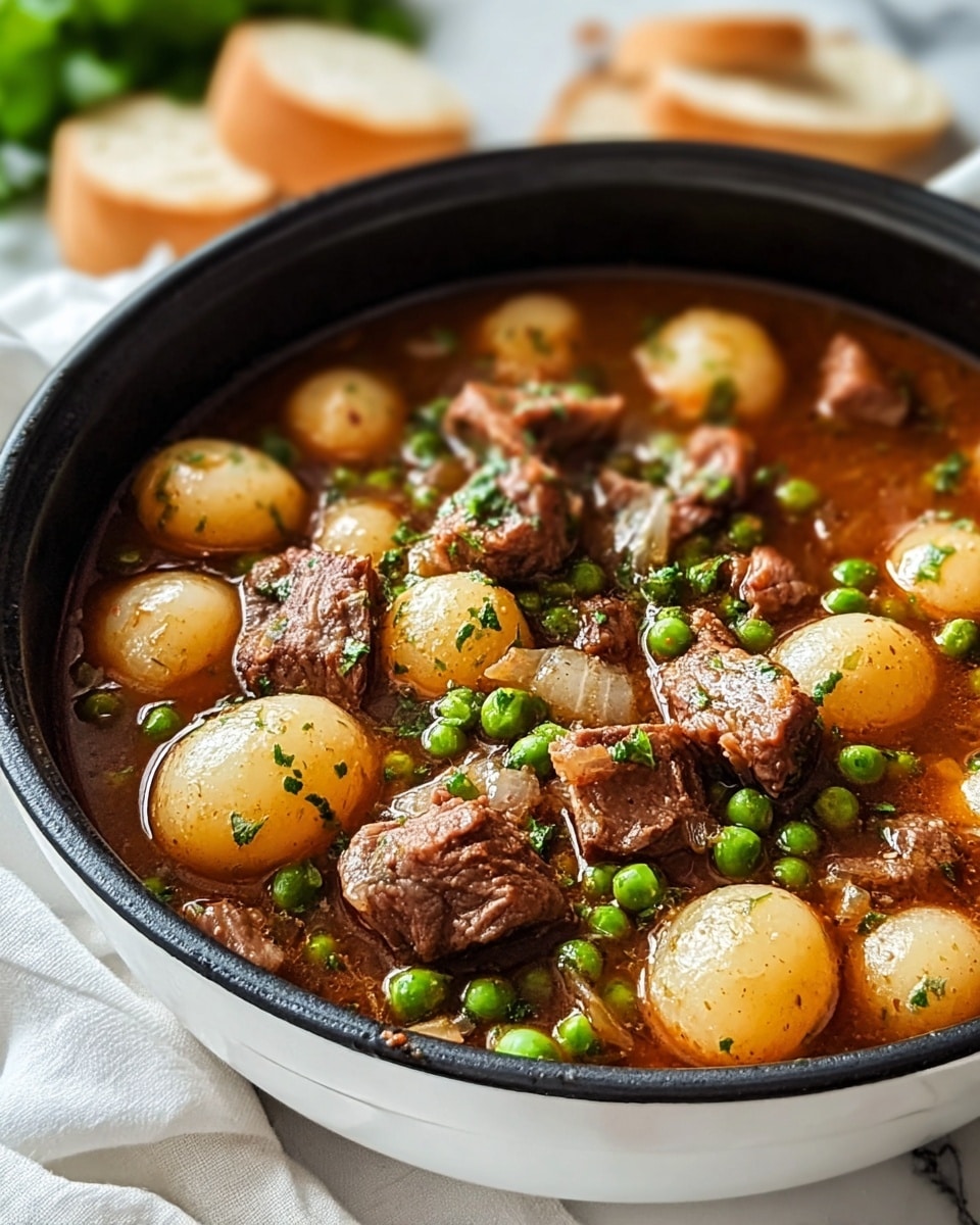 A close-up view of a stew in a white pot with a black outer edge, filled with chunks of tender brown beef, small round light yellow potatoes, green peas, and translucent cooked onions all mixed in a rich brown broth. Small bits of chopped fresh green herbs are sprinkled on top, adding a touch of color. The pot is placed on a white marbled surface with a white cloth underneath, and the background is softly blurred with hints of green leafy vegetables and sliced bread. Photo taken with an iphone --ar 4:5 --v 7