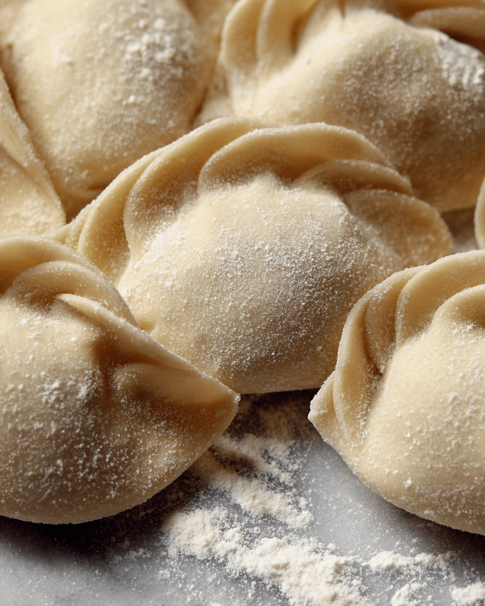 Close-up view of several raw dumplings tightly packed, each with a smooth, pale beige dough exterior lightly dusted with white flour. The dumplings have a folded seam edge, creating a soft ridge around each one, and they rest closely together on a surface covered in scattered flour, with a white marbled texture beneath. The dough looks soft and slightly textured, showing some light powder on the surface photo taken with an iphone --ar 4:5 --v 7