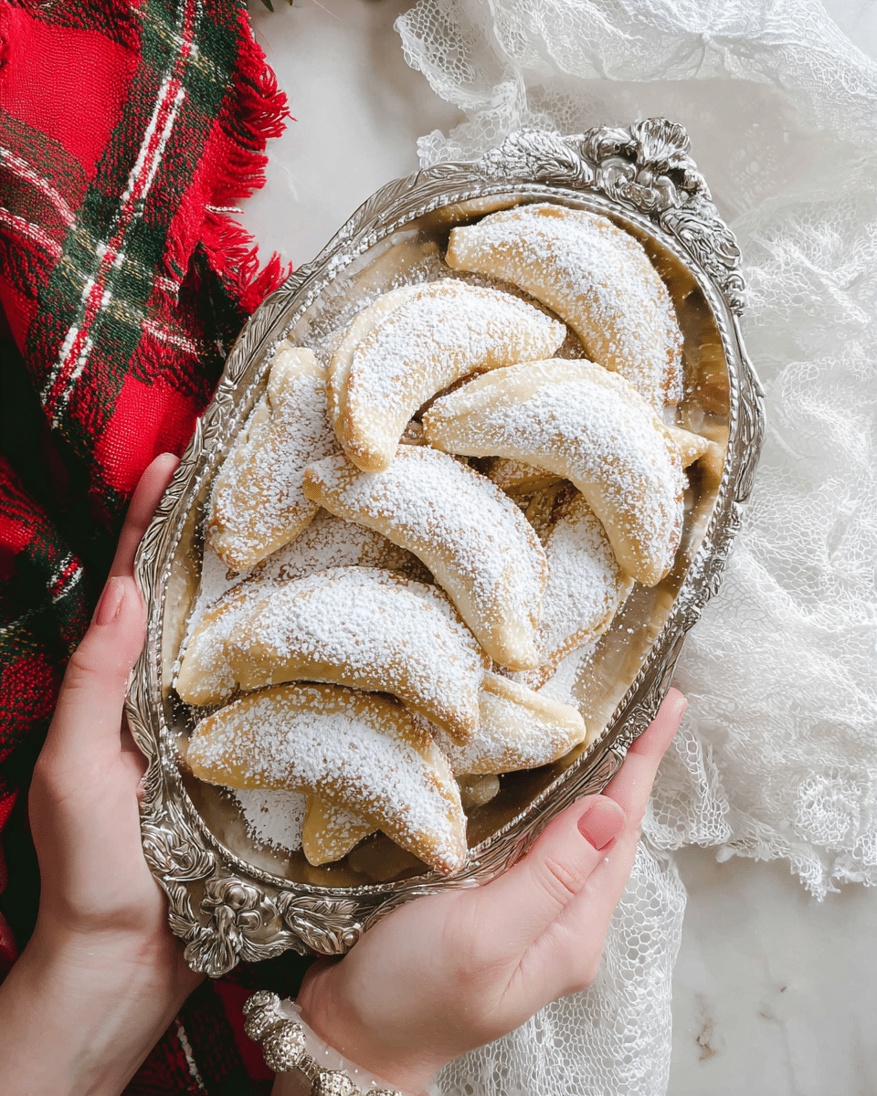 A silver oval tray filled with two layers of crescent-shaped pastries that are light golden brown and dusted generously with white powdered sugar, held by two woman's hands at the bottom corners. The tray sits on a white marbled textured surface with a white lace fabric partially visible on the right and a red plaid cloth with green accents on the upper left. Photo taken with an iphone --ar 4:5 --v 7