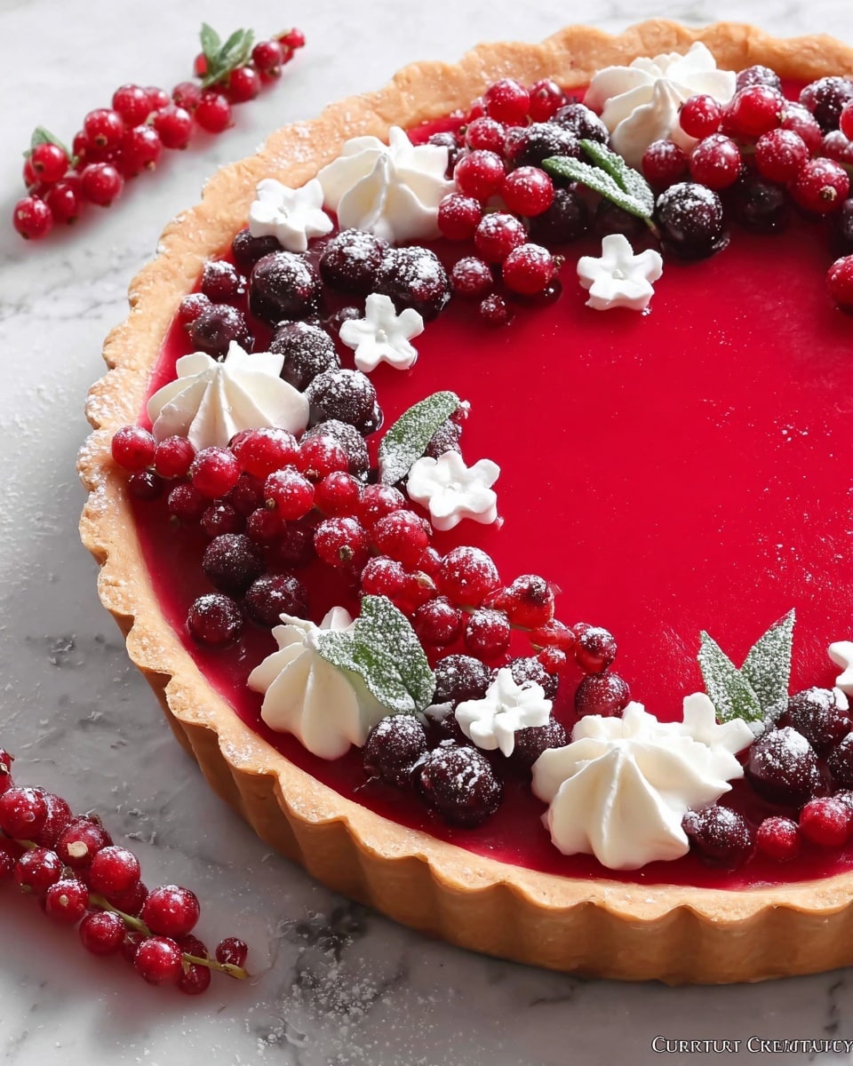 A slice of vibrant red berry mousse cake sits on a white plate, topped with three dollops of smooth white cream in the center. Surrounding the cream are small clusters of glossy red currants and a few white flower-shaped decorations scattered around the plate's edge. At the back of the slice, there is a light brown pastry curl with a small green leaf decoration. The white plate rests on a white marbled surface, and a gold fork is placed to the left of the plate with a woman's hand holding it gently. photo taken with an iphone --ar 4:5 --v 7