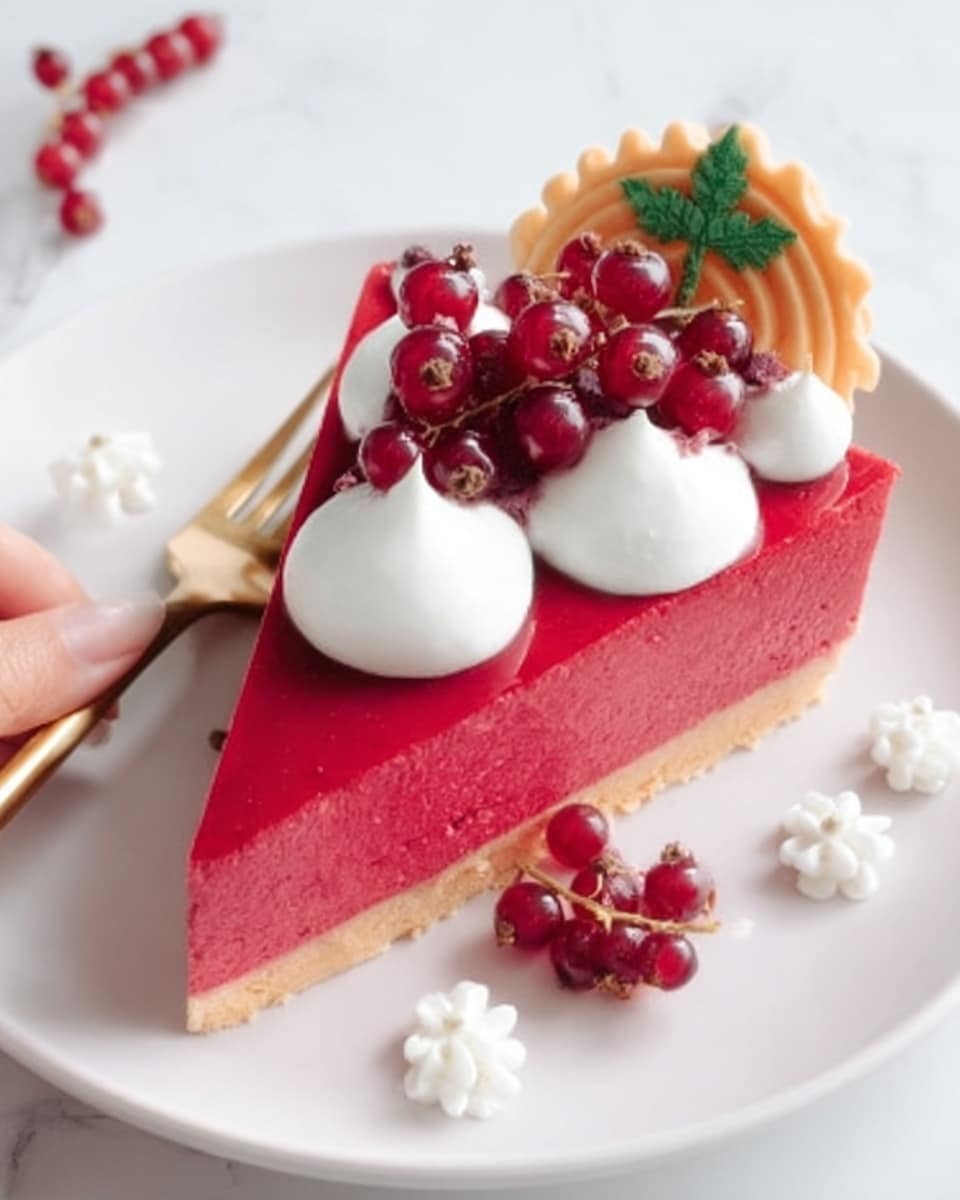 This image shows a tart with a thick, golden-brown crust forming a scalloped edge. The tart is filled with a smooth, bright red jelly-like layer that fills the whole inside of the crust. On top of the red filling, there are clusters of shiny red currants and a few dark, sugar-coated berries arranged around the edge. White whipped cream dollops with a soft, swirled texture are placed evenly around the top near the berries. Small white flower-shaped sprinkles are scattered between the whipped cream and berries, adding delicate detail. Fresh green leaves covered lightly in sugar decorate the top and are also scattered on the white marbled surface around the tart. The photo was taken with an iphone --ar 4:5 --v 7